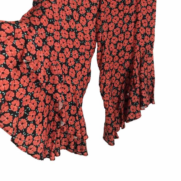 Anthropologie Red Poppy Floral Satin Cropped Wide Leg Ruffle Pants NWOT XL - Picture 3 of 9